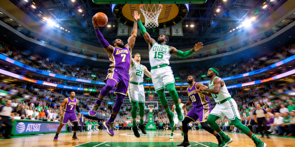 洛杉矶湖人队与波士顿凯尔特人队球员在NBA经典对决中激烈拼抢