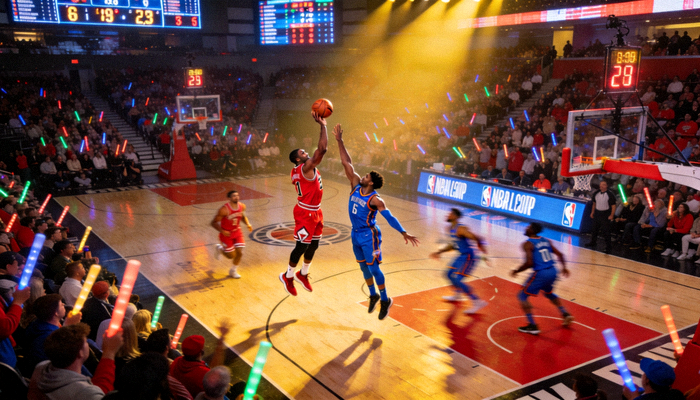 NBA篮球比赛现场，球员在灯光下激烈对抗，观众席座无虚席